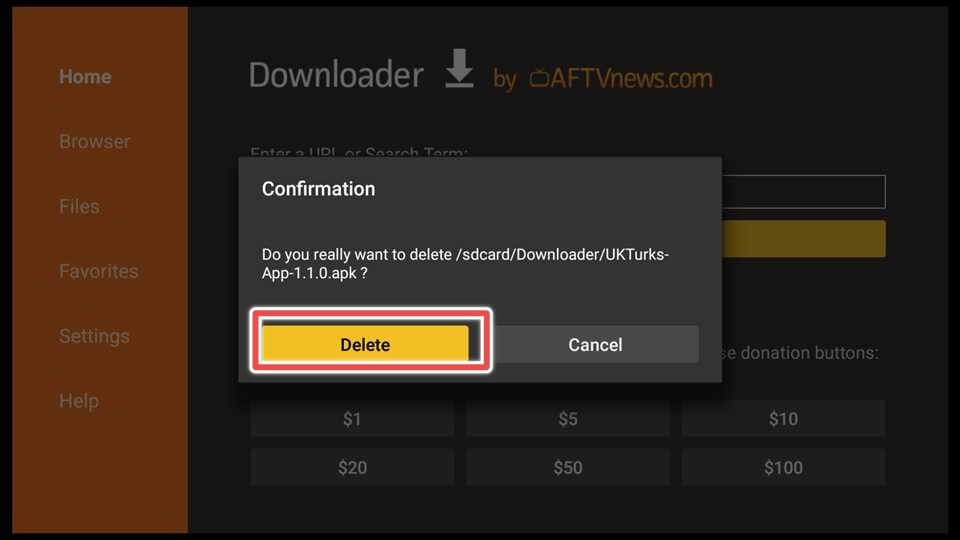 confirm deleting uk turks apk file from firestick