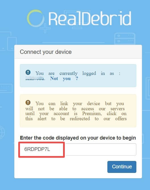 entering code on real-debrid site