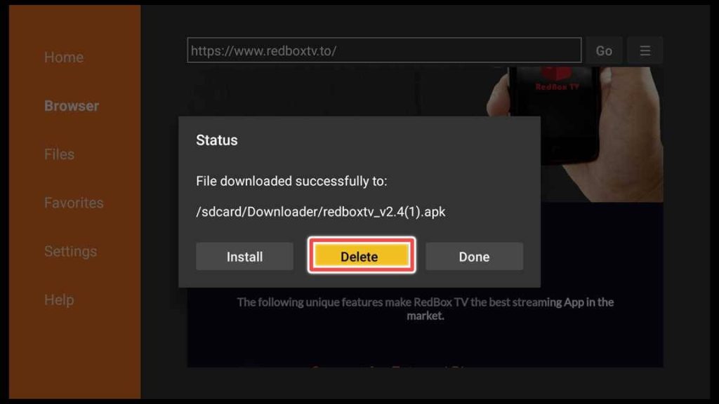 delete redbox tv apk installation file