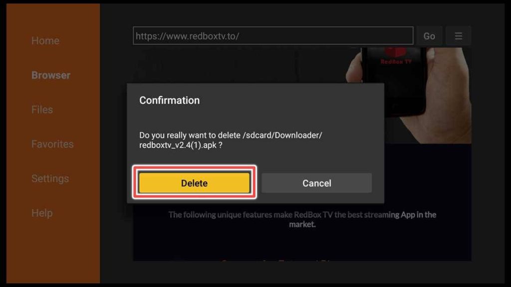 confirm deleting redbox tv apk installation file