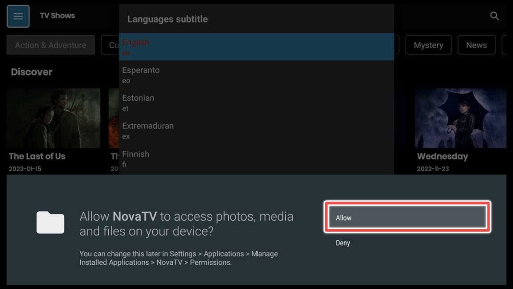 allow nova tv access to media files