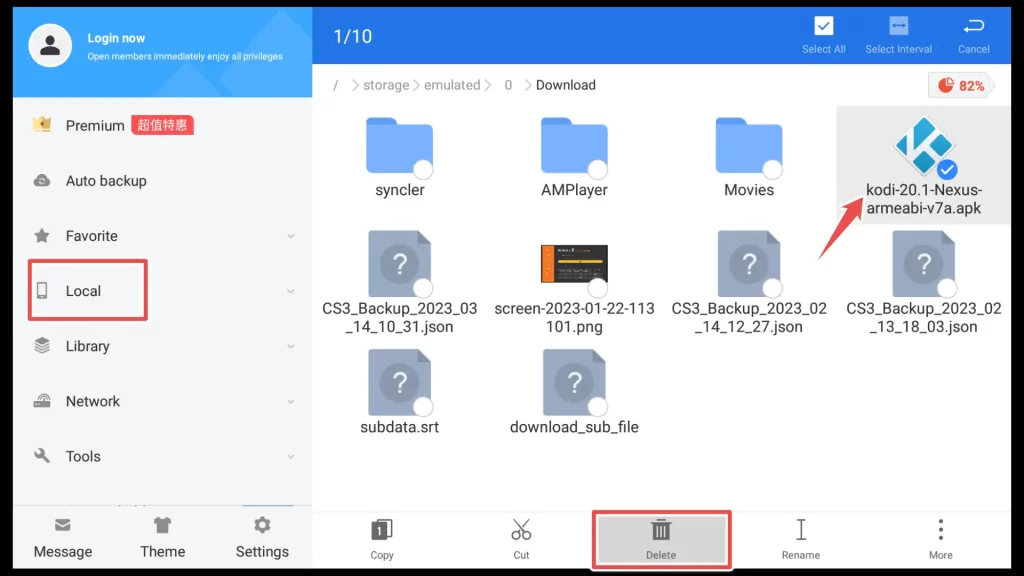 removing the kodi installation file using es file explorer