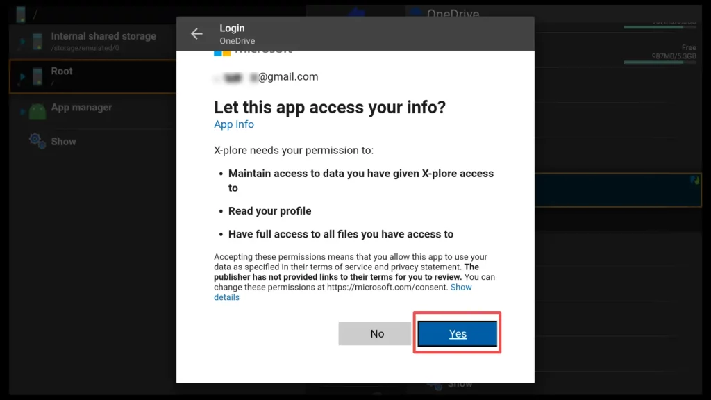 give X-plore File Manager full access to your onedrive files
