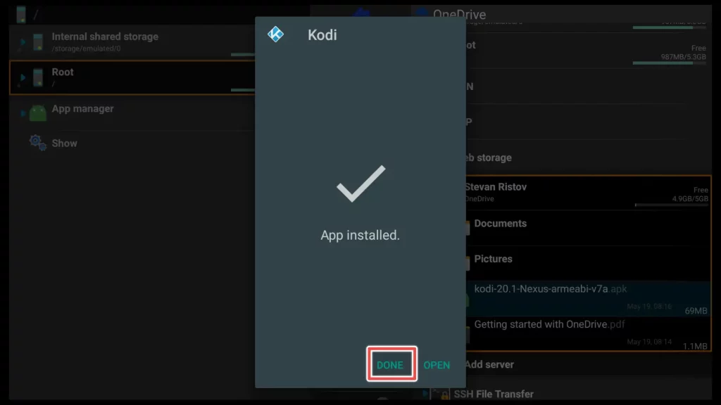 installation of kodi using X-plore File Manager is finished