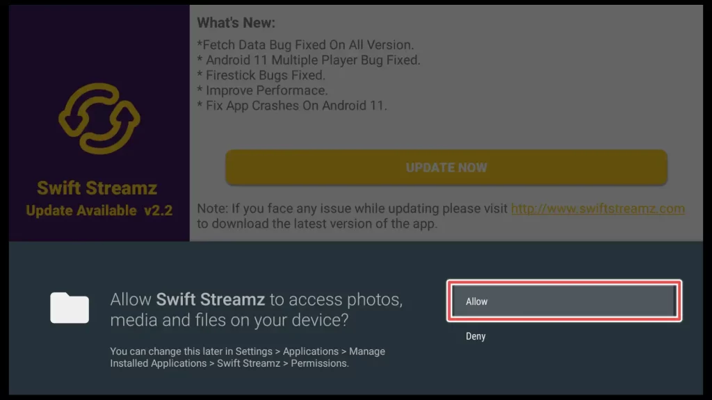 allow swift streamz to use media files on your firestick