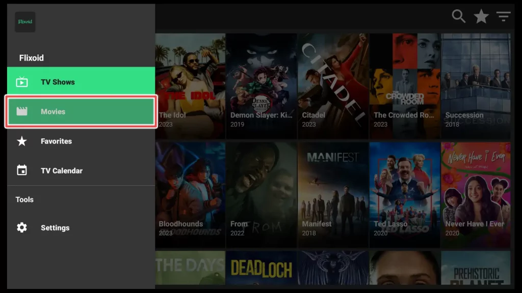 movies section on flixoid