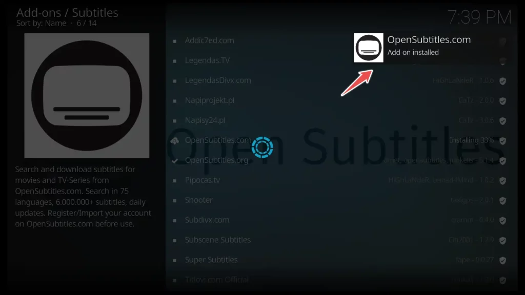 opensubtitles.com addon on kodi is installed