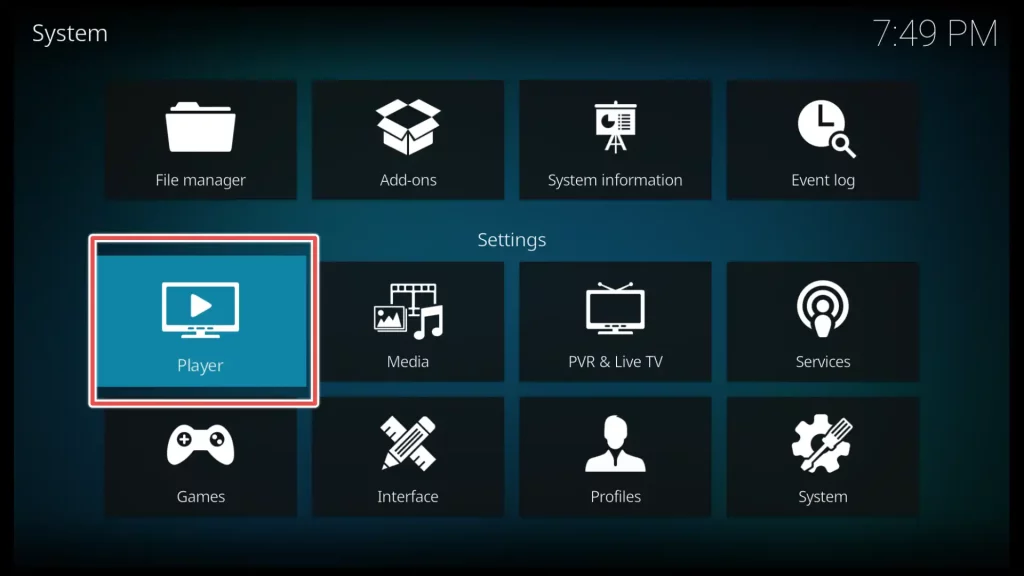 player section in system menu of kodi