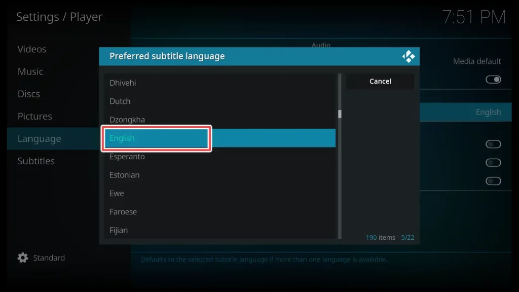 select your subtitle language in kodi