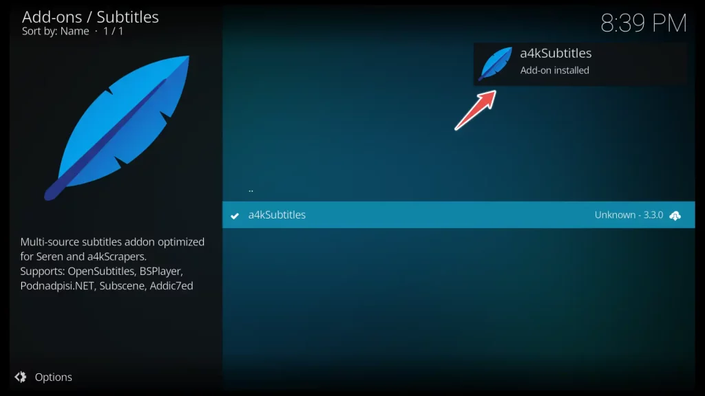 a4ksubtitles addon is installed