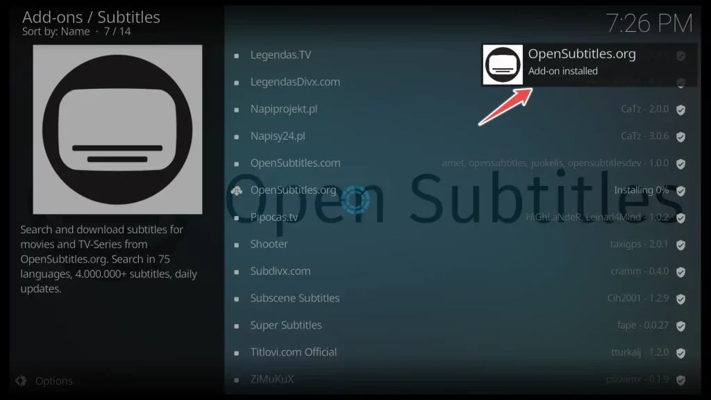 opensubtitles.org kodi addon is installed