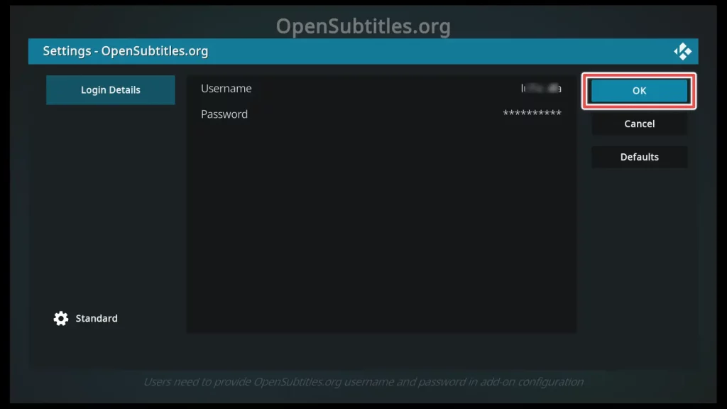 login with opensubtitles.org credentials