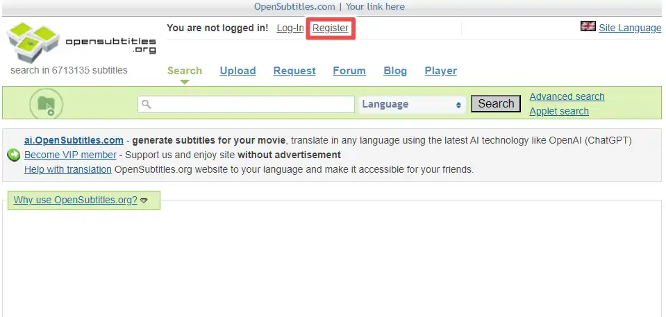 register on opensubtitles.org