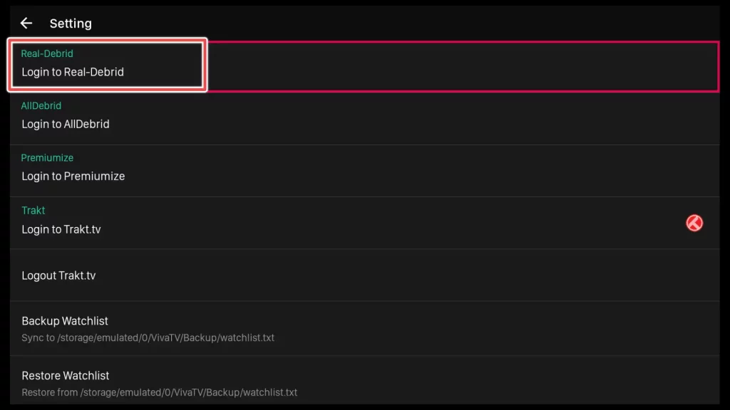 login to real-debrid on viva tv