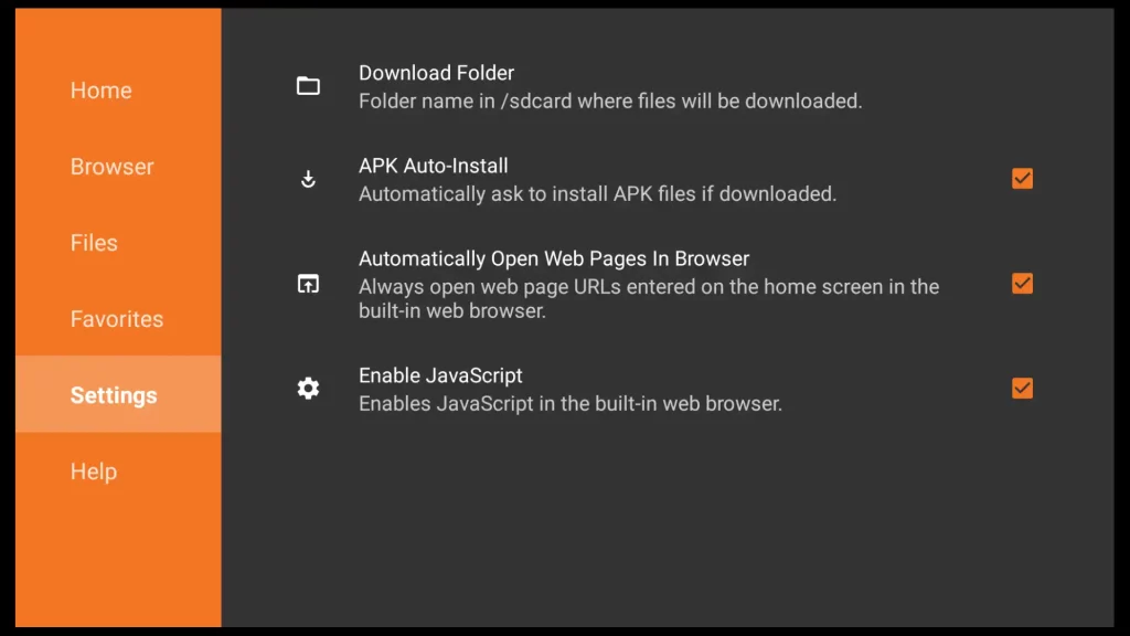 settings menu in downloader