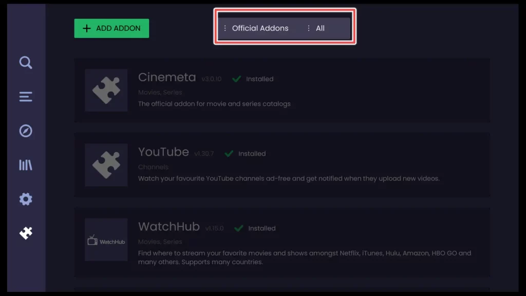 stremio official addons