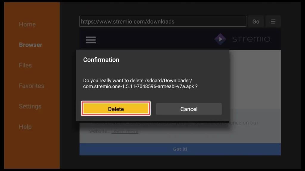 confirm deleting the stremio apk file