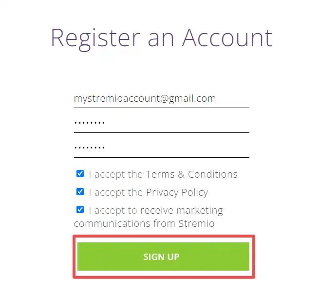 stremio register page